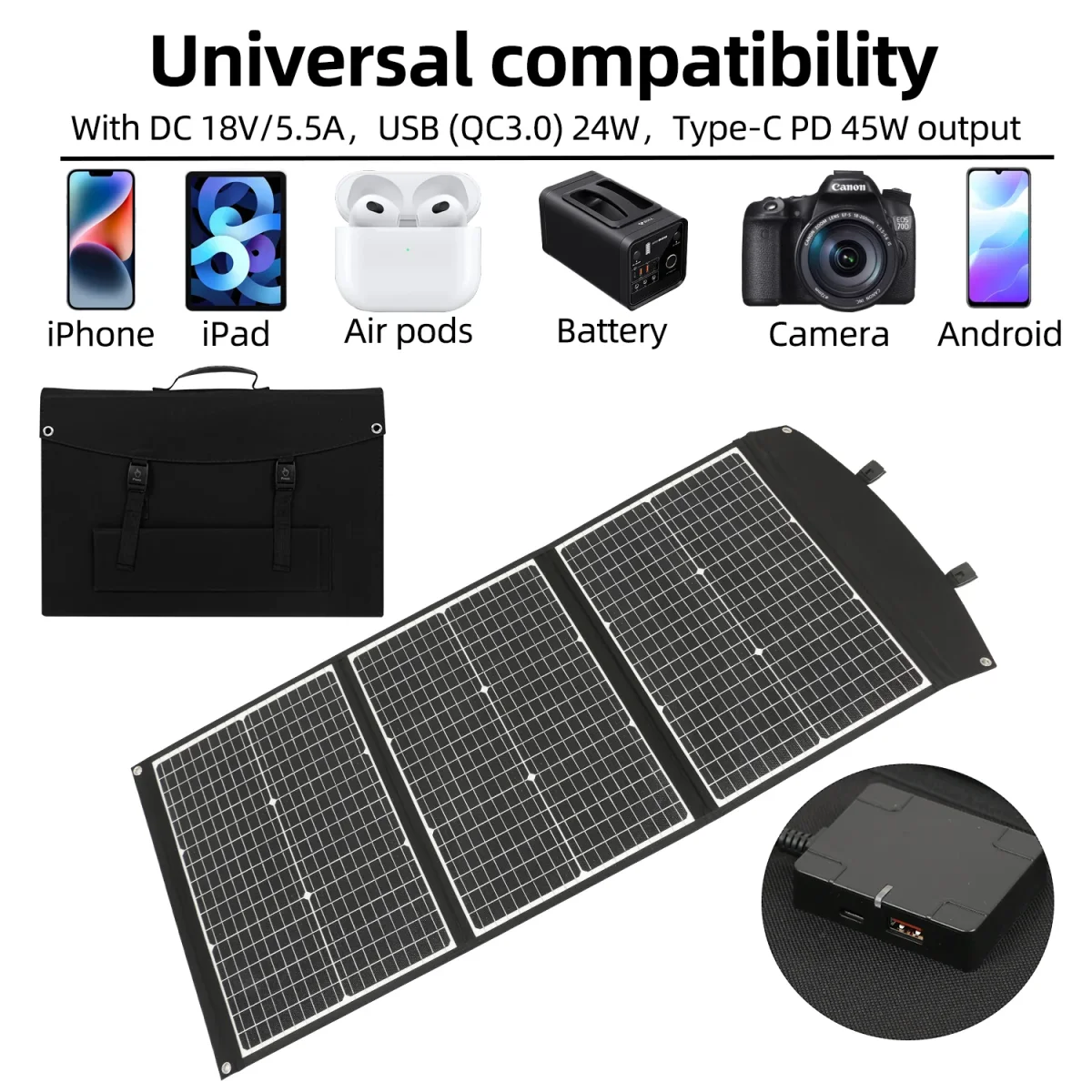 Faltbares Solarpanel, wasserdicht, aufmerksam und effizient, Solarzellen für Outdoor-Camping, Taschenladegerät, 100 W – Bild 5