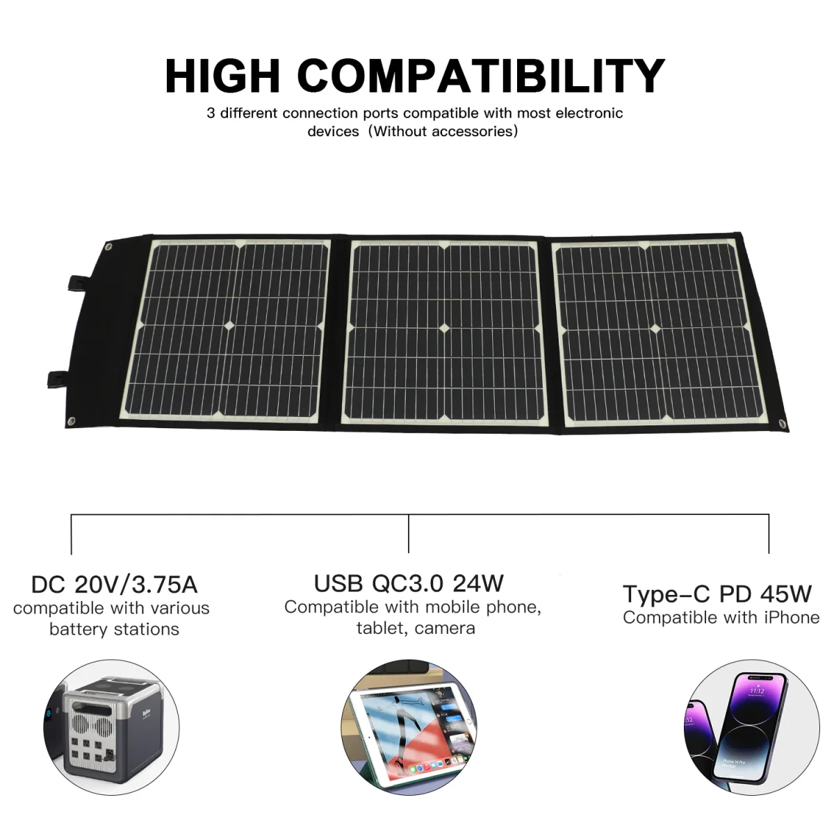 Faltbares tragbares Solarpanel, schnelles Aufladen, Solar-Ladegerät, Powerbank für Handy, Wohnmobil, Outdoor-Uhren, DC + USB, 20 V, 75 W – Bild 5