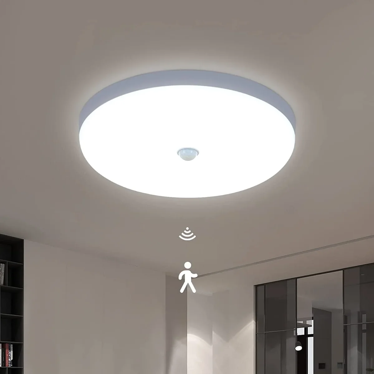 LED-Deckenleuchte mit Bewegungsmelder, 30 W, 6600 K, moderne Deckenleuchte mit kaltweißem Licht, Ø25 cm, weiße, runde Deckenleuchte für Küche, Flur, Treppenhaus, Schlafzimmer, Eingang (IP40)