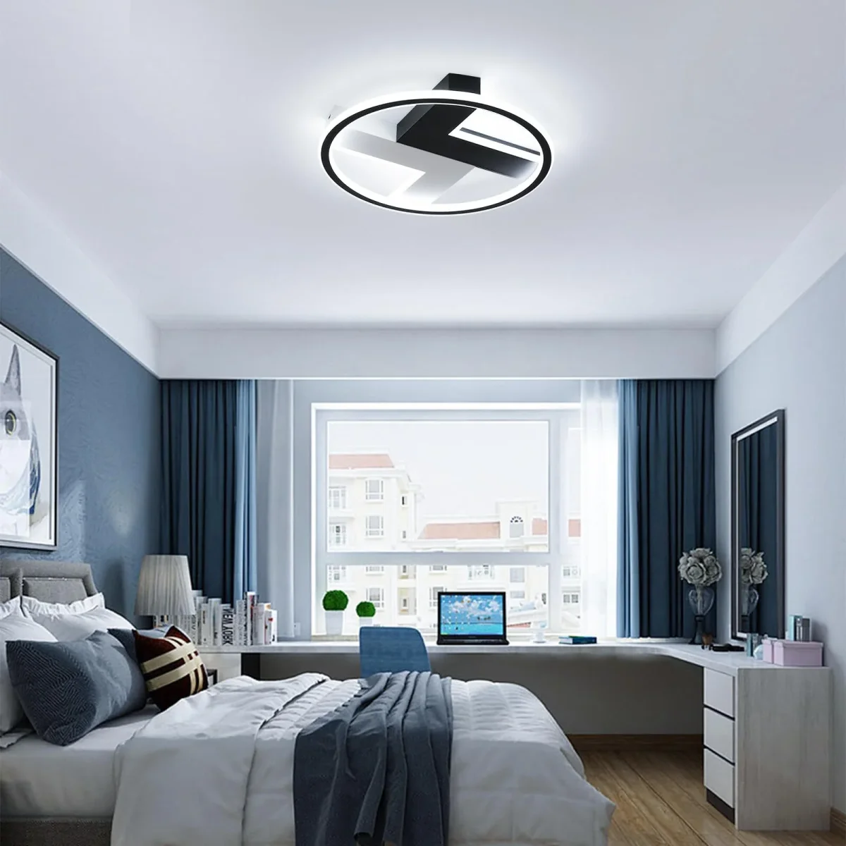 Moderne LED-Deckenleuchte, rund schwarz + weiß, 6500 K kaltweißes Licht, D40 x H6 cm, für Wohnzimmer, Schlafzimmer – Bild 3