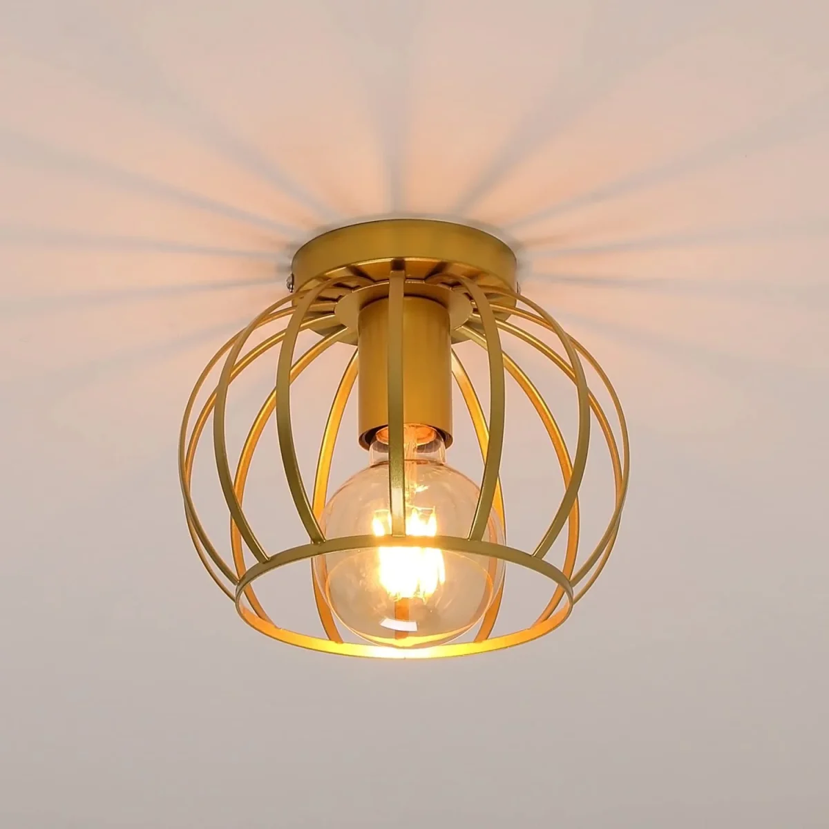 Vintage-Deckenleuchte, halbbündige Deckenleuchte, Metallkäfig-Deckenlampenschirm mit E27-Fassung für Wohnzimmer, Küche, Schlafzimmer, Flur, Innenhof, Gold