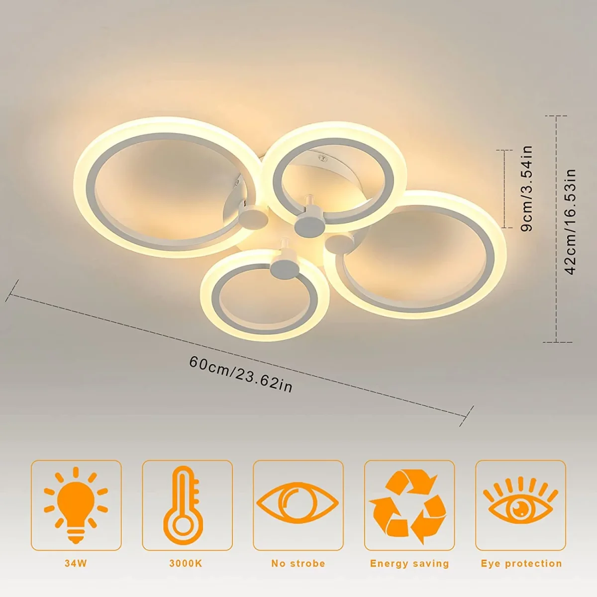 Moderne LED-Deckenleuchte, 34 W, kreative 4-Kopf-Deckenleuchte, 3000 K warmes Licht, Deckenleuchte, Acryl-Metall-Deckenleuchte für Wohnzimmer, Schlafzimmer, Esszimmer, Büro – Bild 4