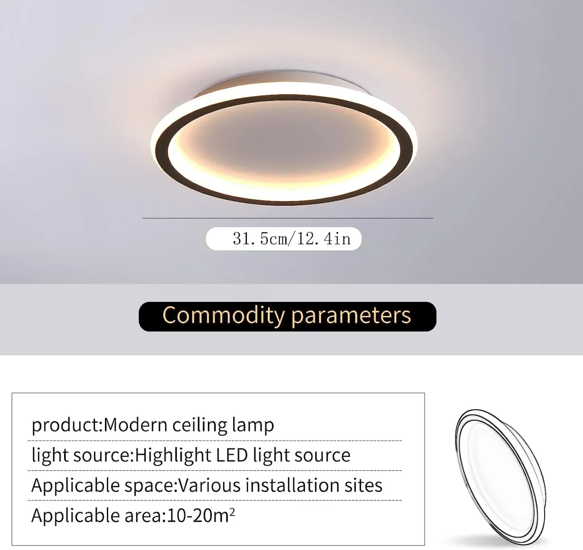 Moderne LED-Deckenleuchte, 24 W, warmweiß, 3000 K, runde Deckenlampe für Wohnzimmer, Schlafzimmer, Esszimmer, Büro, Schwarz – Bild 7