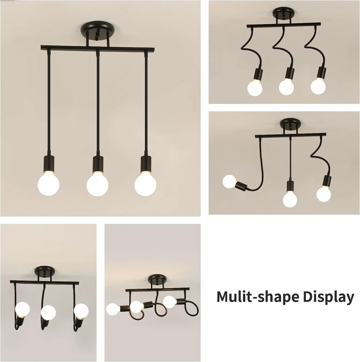 Vintage-Deckenleuchte mit E27-Sockel, 3 Lampen, Deckenlampe für Küche, Esszimmer, Schlafzimmer, Flur, Eingang, Balkon, Schwarz – Bild 7
