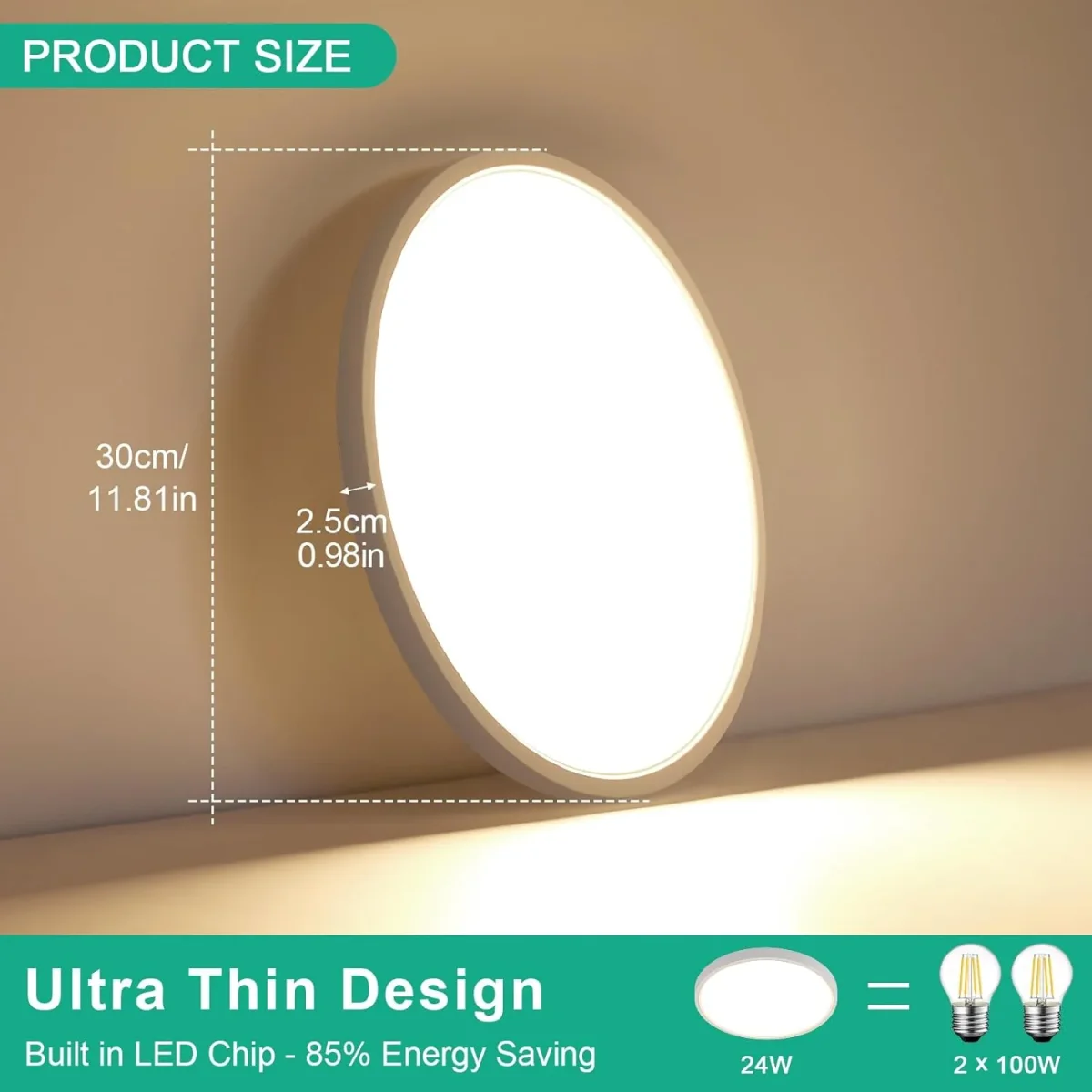 LED-Deckenleuchte für Badezimmer, 24 W, 2700 LM, Modernität, runde LED-Deckenleuchte, Deckenmontage für Schlafzimmer, Badezimmer, Küche, IP54 wasserdicht, natürliches Licht 5000 K, Durchmesser 30 cm, 2,5 cm Ultra – Bild 4