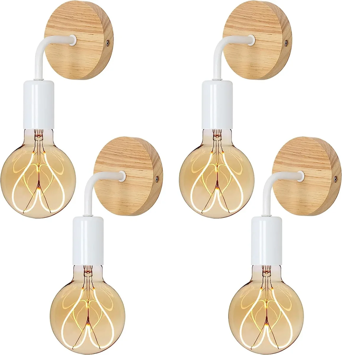 4 Stück Wandleuchte für den Innenbereich, Vintage-Holz-Wandleuchte, E27-Sockel für Schlafzimmer, Wohnzimmer, Flur, Eingangsbereich, weiß