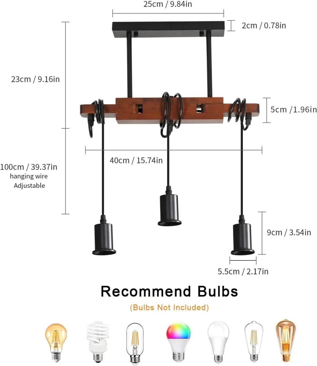 Industrielle Pendelleuchte, Vintage-Deckenleuchte aus Holz, E27-Kronleuchter mit 3 Lampen, 120 cm verstellbares Kabel, für Küche, Esszimmer, Café, Bar (keine Glühbirne) – Bild 6