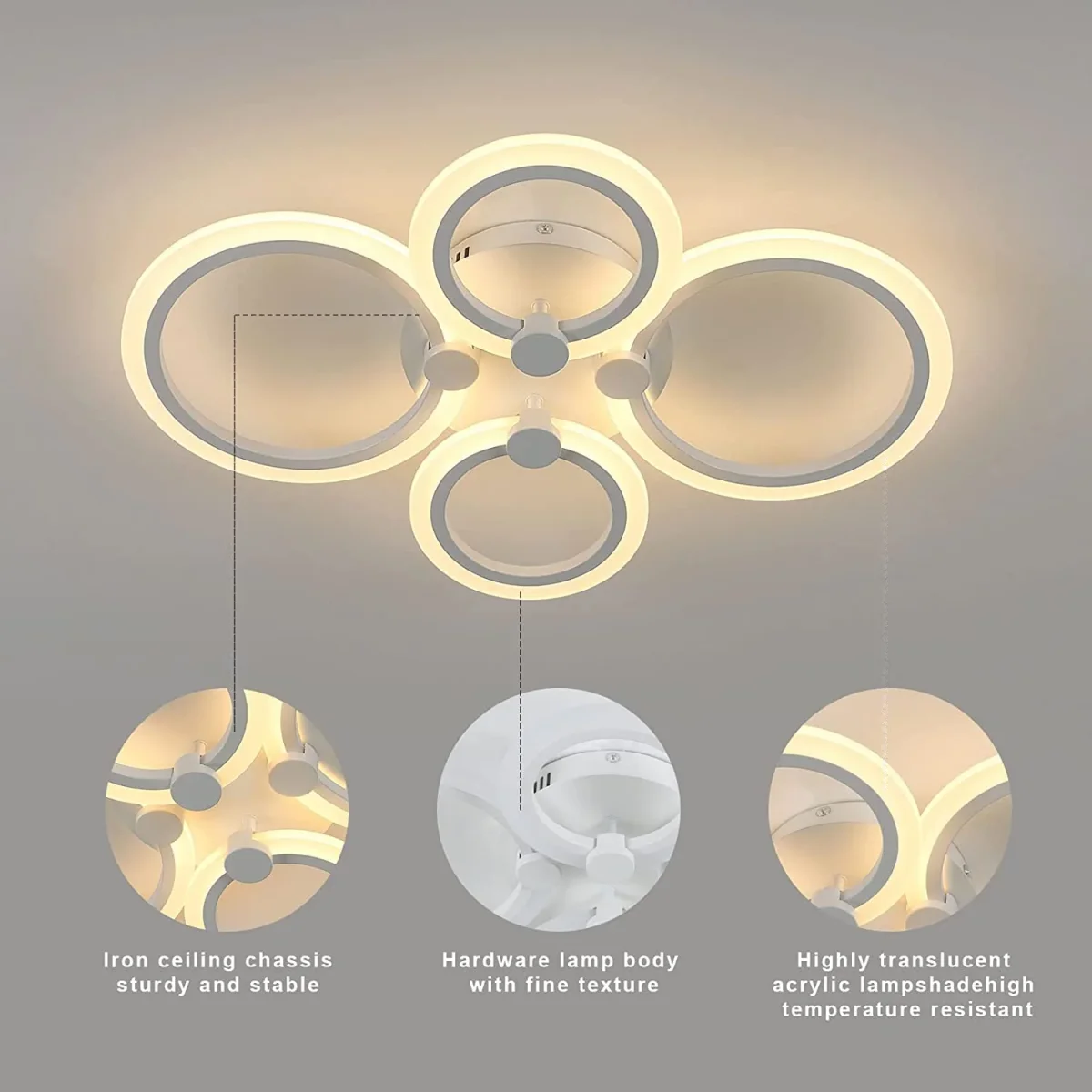 Moderne LED-Deckenleuchte, 34 W, kreative 4-Kopf-Deckenleuchte, 3000 K warmes Licht, Deckenleuchte, Acryl-Metall-Deckenleuchte für Wohnzimmer, Schlafzimmer, Esszimmer, Büro – Bild 7