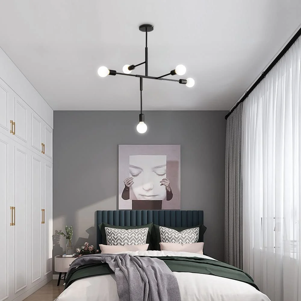 Industrieller Vintage-Kronleuchter mit E27-Sockel, 5-Licht-Molekular-Sputnik-Deckenleuchte, halbbündig montierte geometrische Metall-Pendelleuchte für den Innenbereich für Wohnzimmer, Schlafzimmer, Esszimmer und Küche (Schwarz) – Bild 4