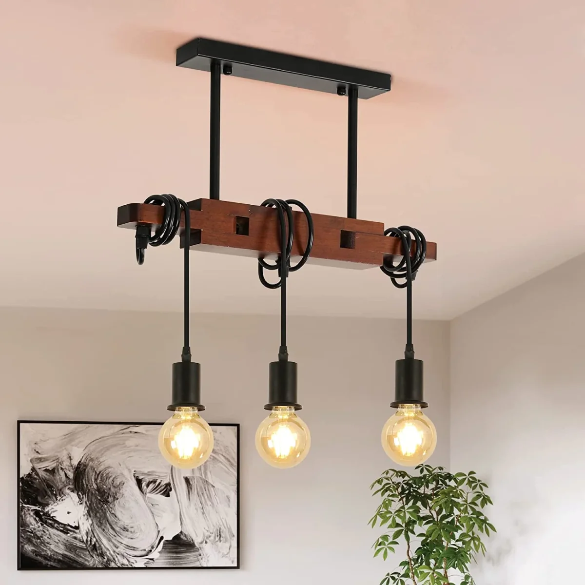 Industrielle Pendelleuchte, Vintage-Deckenleuchte aus Holz, E27-Kronleuchter mit 3 Lampen, 120 cm verstellbares Kabel, für Küche, Esszimmer, Café, Bar (keine Glühbirne) – Bild 3