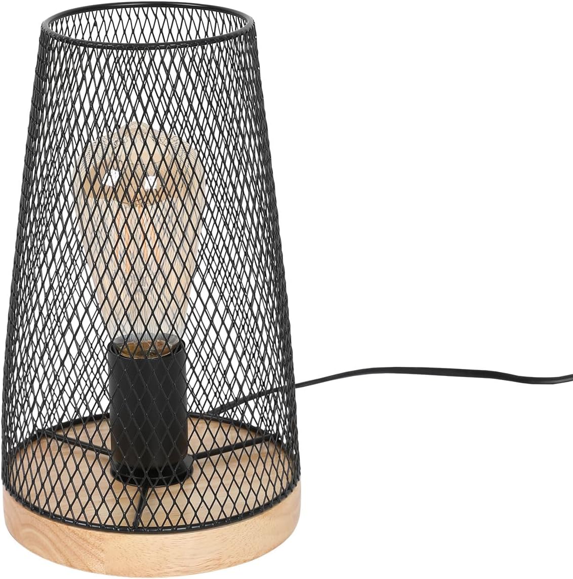 Schmiedeeiserne Tischlampe mit Holzschirm (15*25 cm) – Schwarz, europäischer Schalter 1,8 m