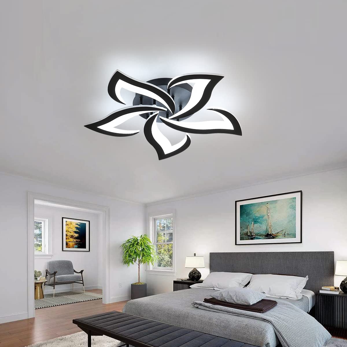 Moderne LED-Deckenleuchte, 60 W, kreatives Blütenblatt-Design, Deckenleuchte aus Acryl, für Wohnzimmer, Schlafzimmer, Arbeitszimmer, Durchmesser 60 cm, Schwarzlicht 6000 K, Kaltweiß – Bild 6