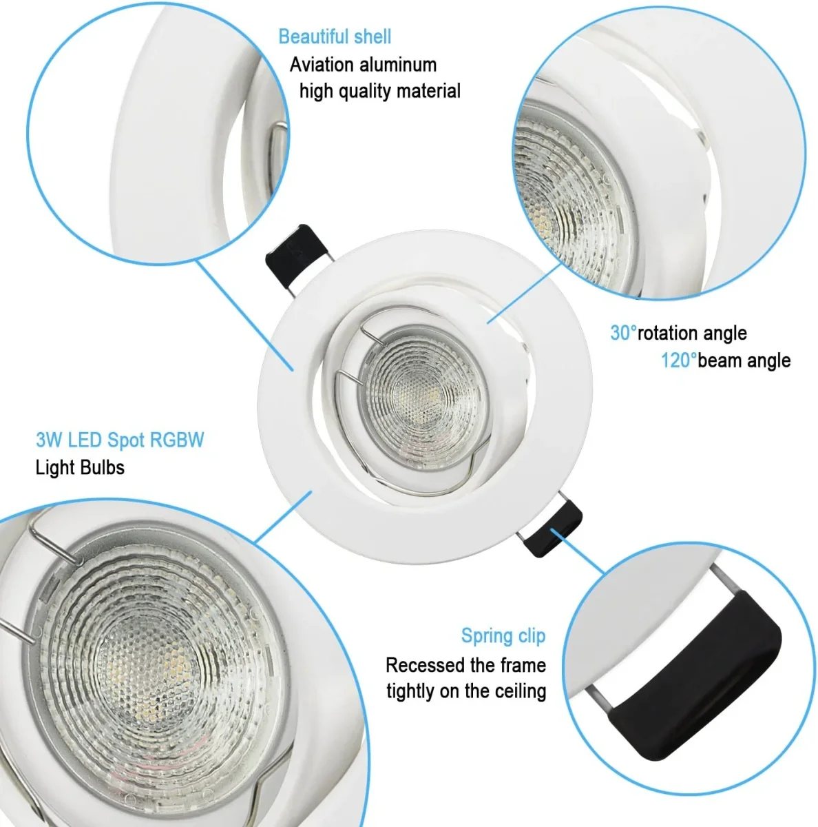 Set mit 6 verstellbaren RGB-LED-Einbaustrahlern mit Farbwechsel, 5 W (entspricht 50 W), Warmweiß 2700 K, weiße, runde Deckeneinbauleuchte aus Metall mit dimmbarer Fernbedienung – Bild 5