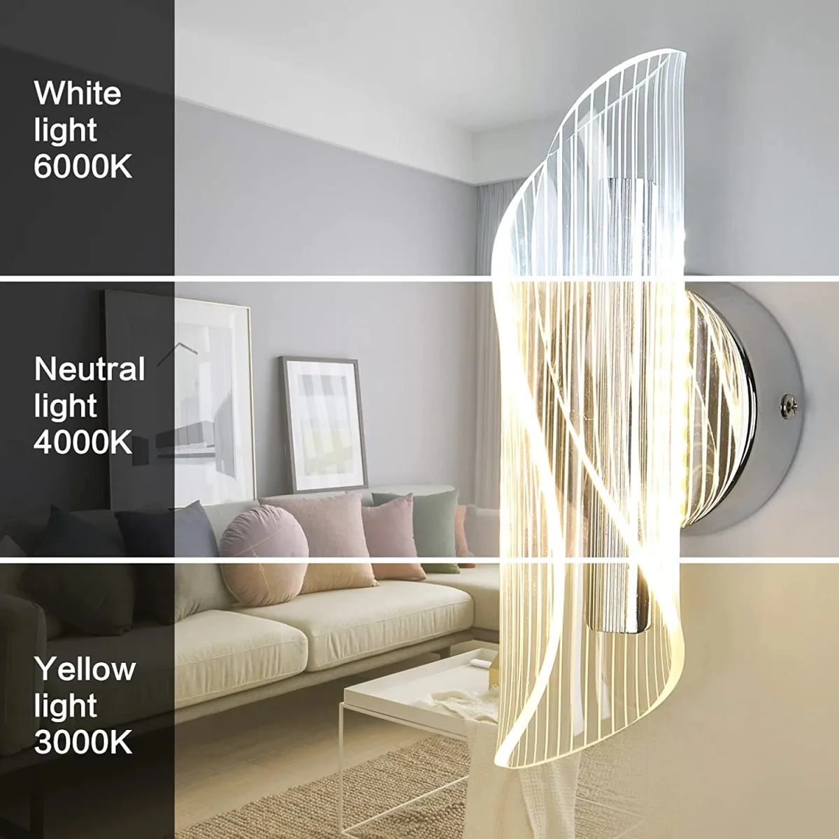 LED-Wandleuchte, dimmbar, moderne Wandleuchte, 12 W, 3000 K/4000 K/6000 K, für Schlafzimmer, Wohnzimmer, Flur, Eingangsbereich, Silber – Bild 8