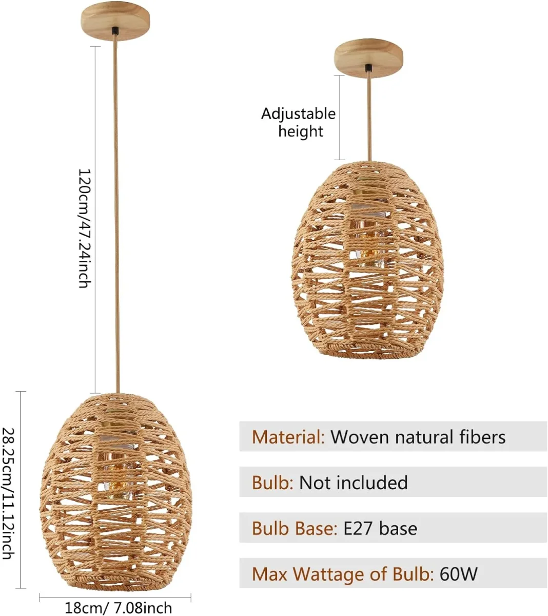 Handgewebter Kronleuchter, Vintage-Rattan-Pendelleuchte, Retro-Boho-Korb-Lampenschirm, E27-Deckenleuchte für Wohnzimmer, Schlafzimmer – 120 cm Linie – Bild 4