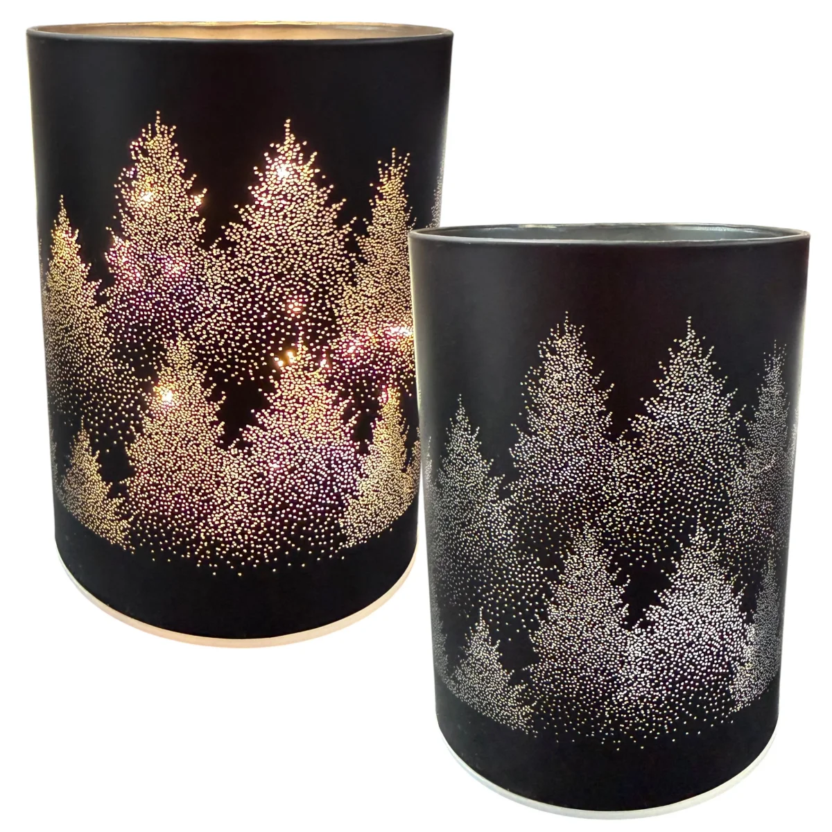LED Weihnachtslicht Glas Schwarz mit Tannen 12,5 cm