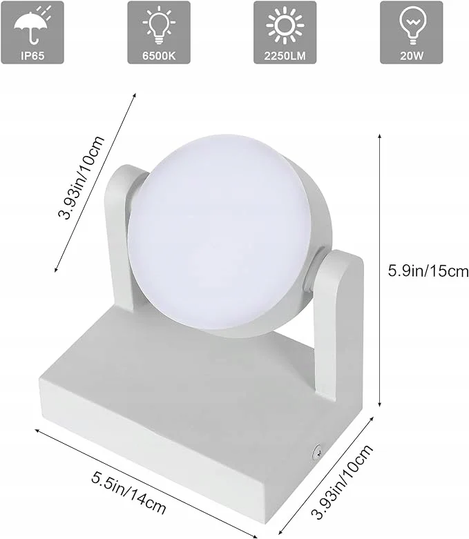 LED-Wandleuchte für den Außenbereich, 20 W, 2250 lm, Innenwandleuchte, IP65 wasserdicht, um 360° drehbare Wandbeleuchtung (6500 K Kaltweiß, Weiß) – Bild 4