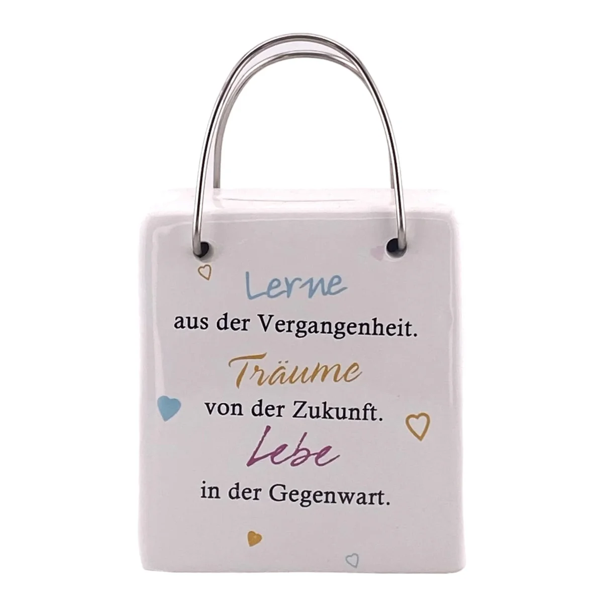 Spardose mit Henkel „Lerne aus der Vergangenheit…“ 9cm