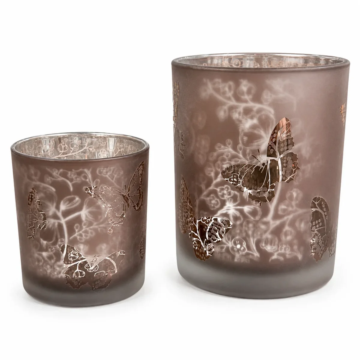 Formano Teelichtglas mit Schmetterlingen Lila Taupe 8 cm 12,5 cm