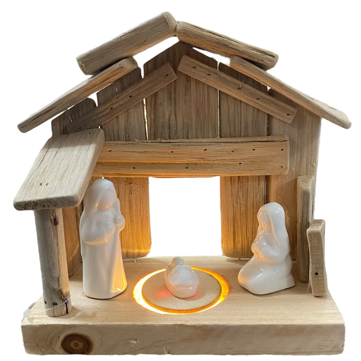 Gilde LED Deko Weihnachtskrippe Holz mit Keramikfiguren 19 cm