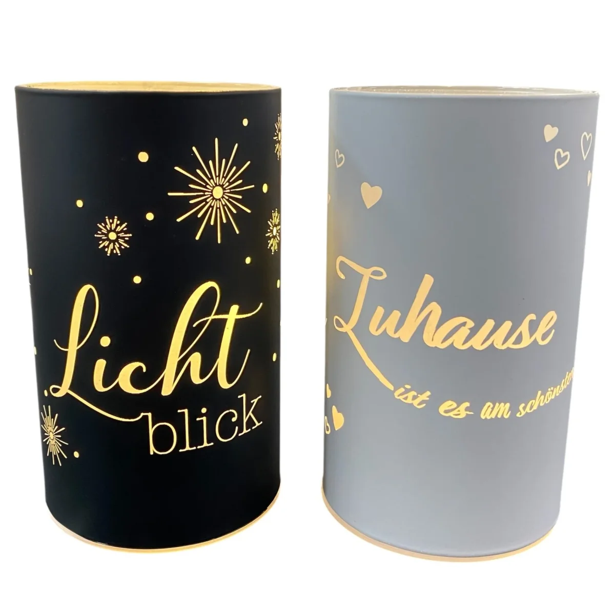 LED Glas mit Spruch „Lichtblick“ & „Zuhause am Schönsten“ 13 cm