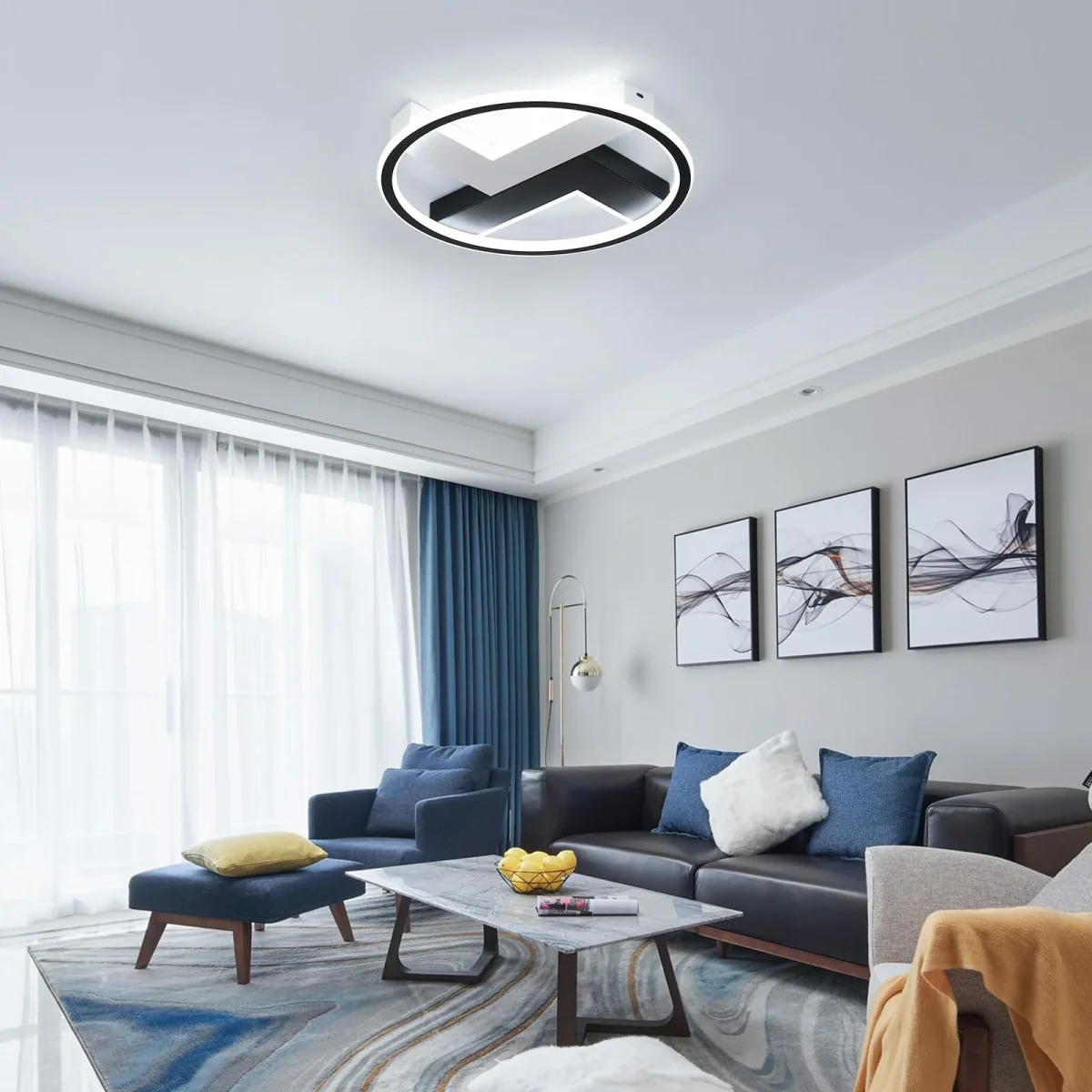 Moderne LED-Deckenleuchte, rund schwarz + weiß, 6500 K kaltweißes Licht, D40 x H6 cm, für Wohnzimmer, Schlafzimmer – Bild 5